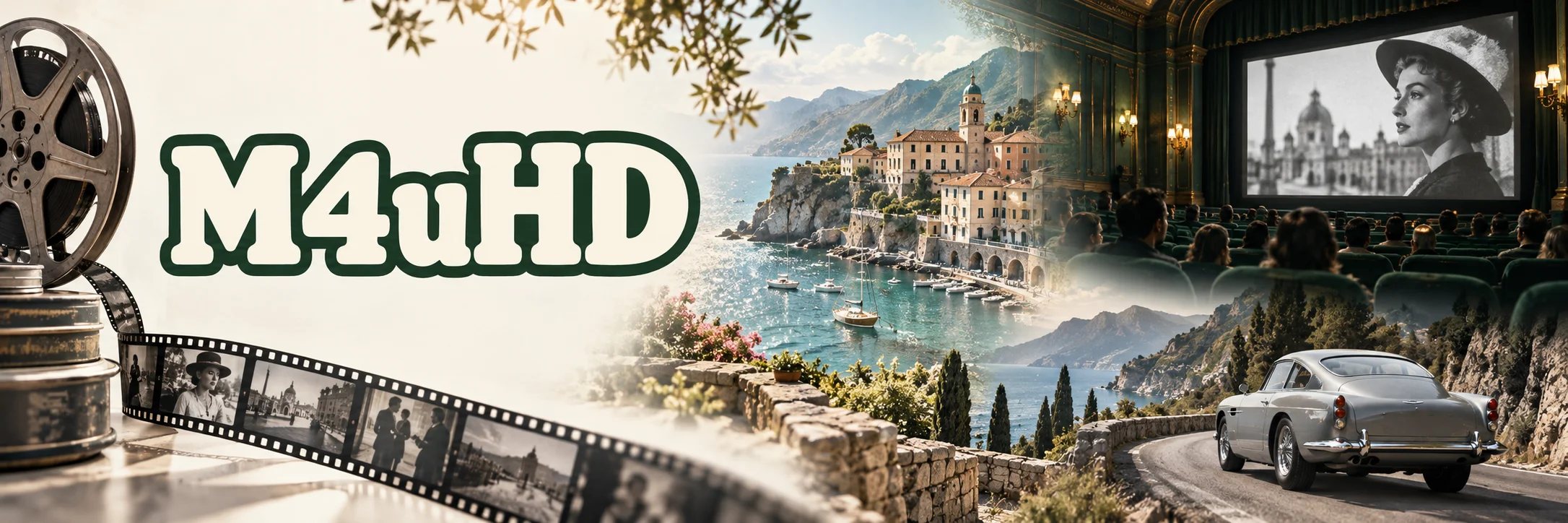 M4uHD in green outlined lettering with an original cinema, coastal harbor and classic car collage